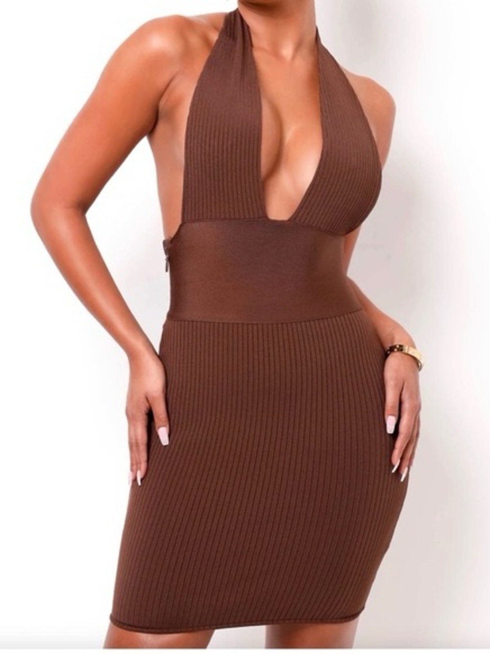 Halter Ribbed Bodycon Dress in Brown
